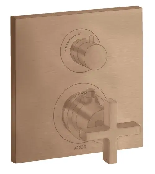 Thermostat Unterputz mit einem Kippschalter und einem Drehregler in brushed red gold. Das Produkt ist von der Marke AXOR.